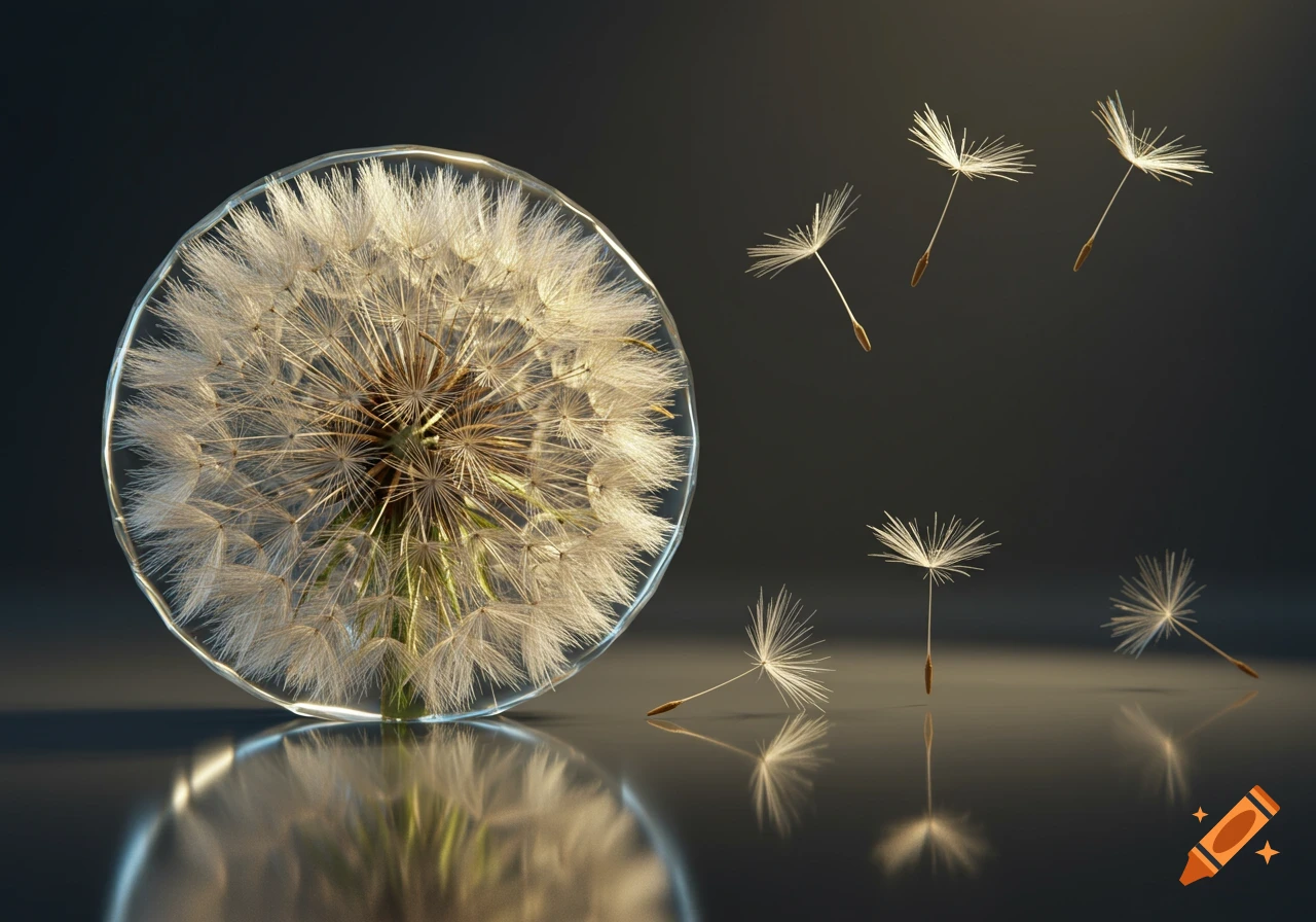A realistic dandelion seed head in a clear sphere, with individual seeds floating and resting on a reflective dark surface.