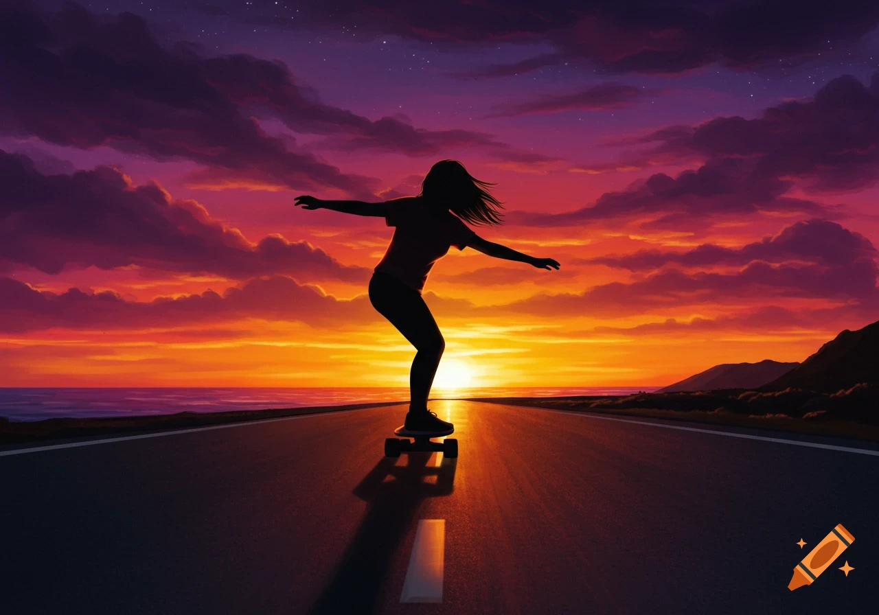 Stylized illustration of a girl on a longboard at sunset on a coastal road.