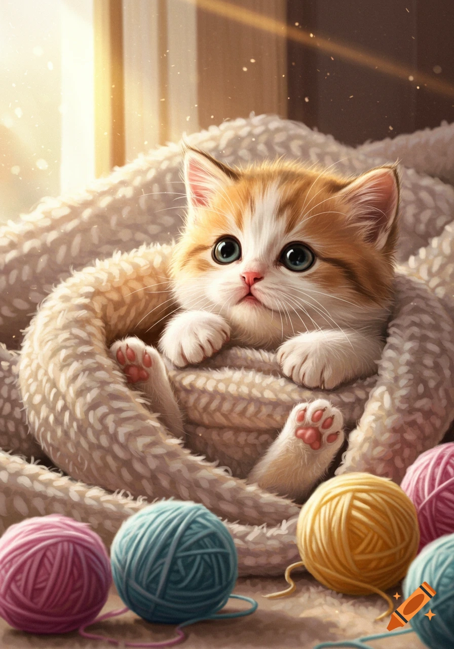 A fluffy, orange and white kitten wrapped in a cream knitted blanket, looking up. Colorful yarn balls are nearby in warm sunlight.