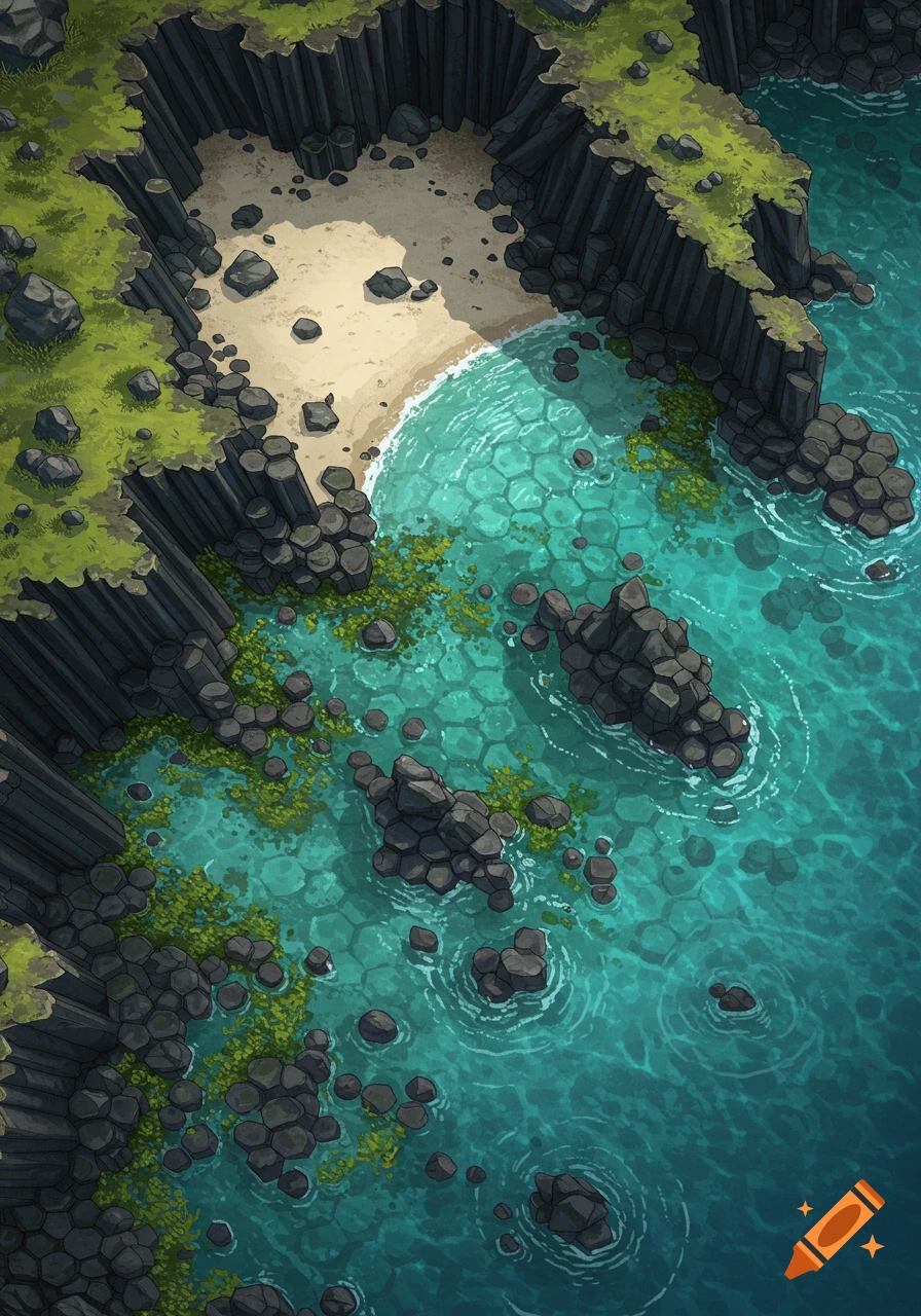 Top-down fantasy battle map of a secluded beach with dark basalt cliffs, clear turquoise water, and rocky hexagonal seabed.
