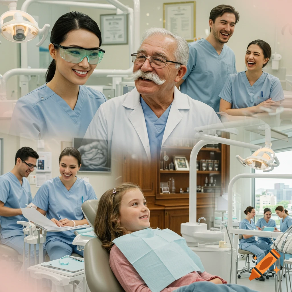 A collage of diverse dentists and patients in various scenes within a bright dental office, featuring smiling faces and professional interactions.