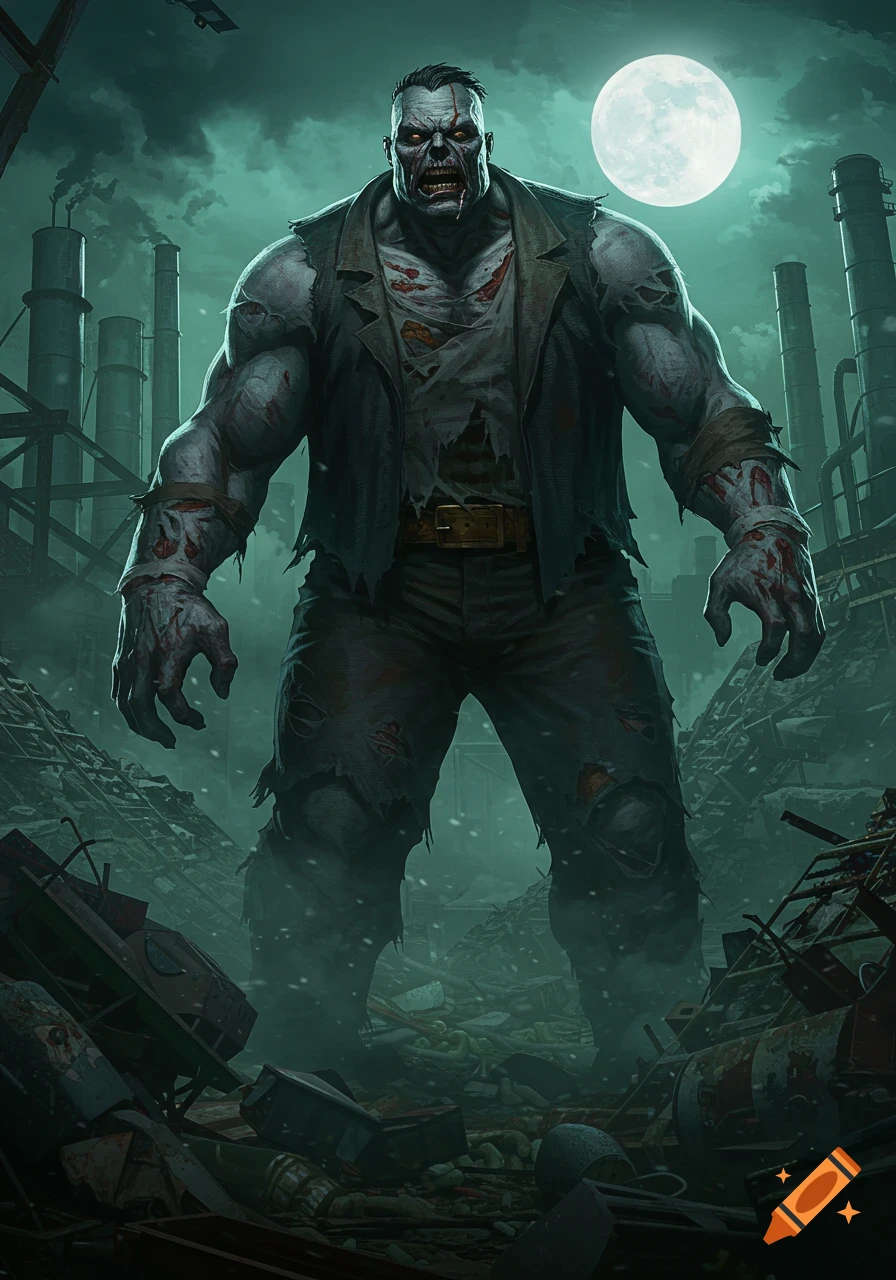 A large, muscular, gray zombie-like creature with glowing red eyes and torn clothes stands in a misty, industrial wasteland under a full moon.