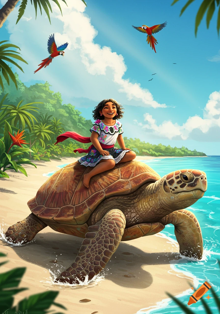 A happy girl with dark curly hair and a colorful dress rides a large sea turtle on a sunny tropical beach with palm trees and flying parrots.