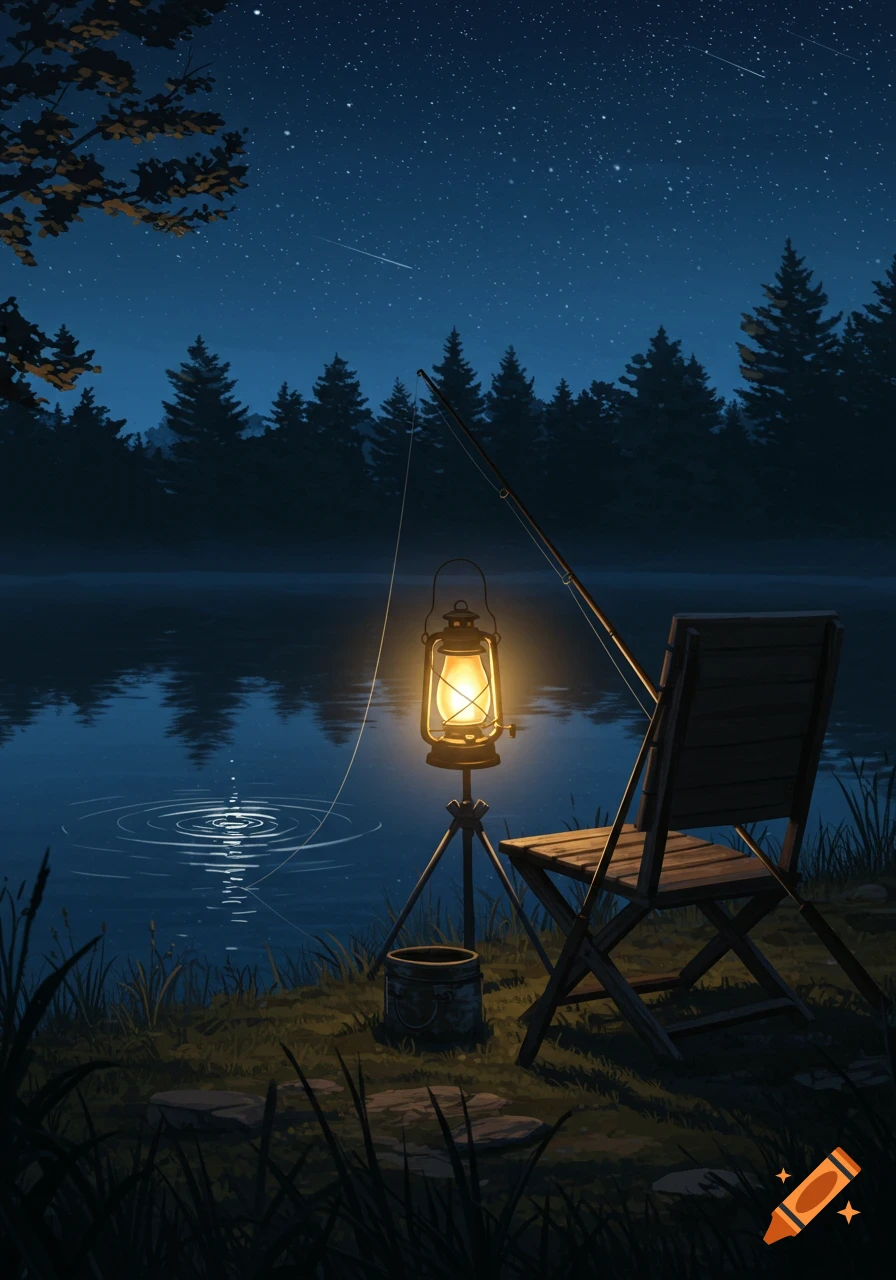 A serene night scene of a fishing spot with a glowing lantern, a folding chair, and a fishing rod beside a calm lake, under a starry sky with distant pine trees.