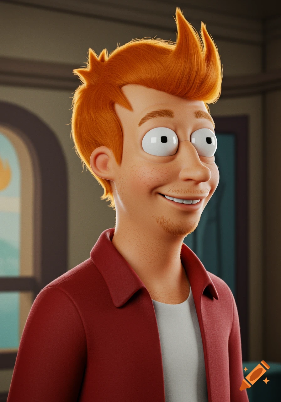 Photorealistic 3D render of Fry from Futurama, a man with spiky orange hair and big eyes, smiling in a 3/4 view.