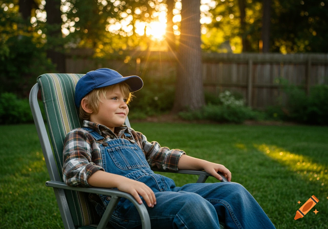 A young boy in a blue cap, plaid shirt, and overalls sits relaxed in a striped outdoor chair in a sunny backyard.