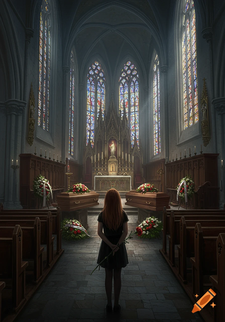 A photorealistic painting of a young girl with red hair standing in a dimly lit Catholic church, three coffins with flowers at the altar.
