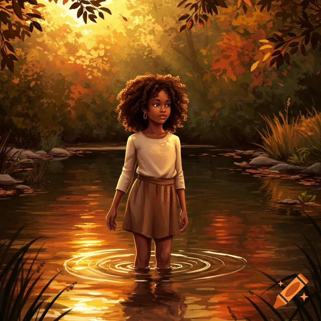 A young Black girl with curly hair stands in a sunlit river, creating ripples, surrounded by a lush forest.