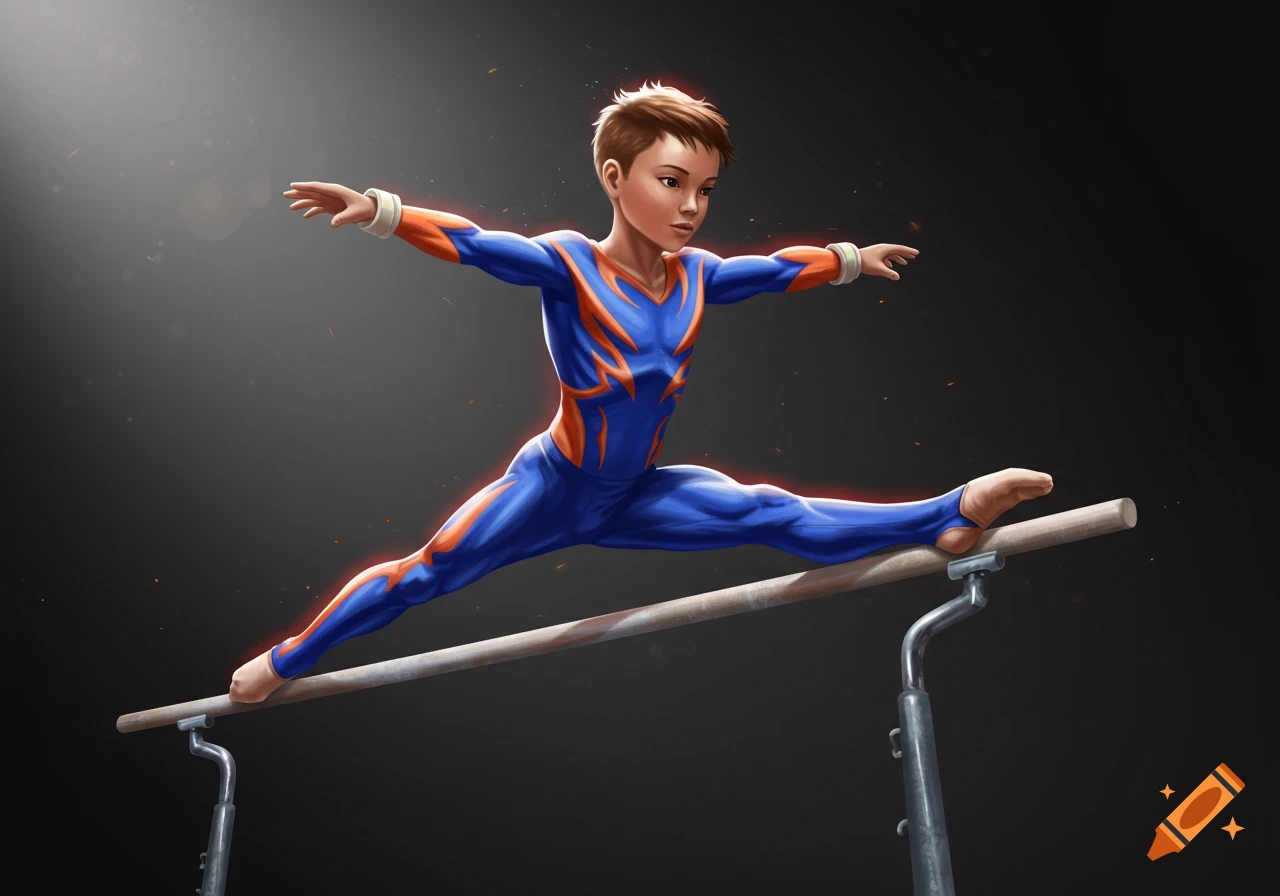 An illustration of a child gymnast in a blue and orange leotard performing a split on parallel bars.