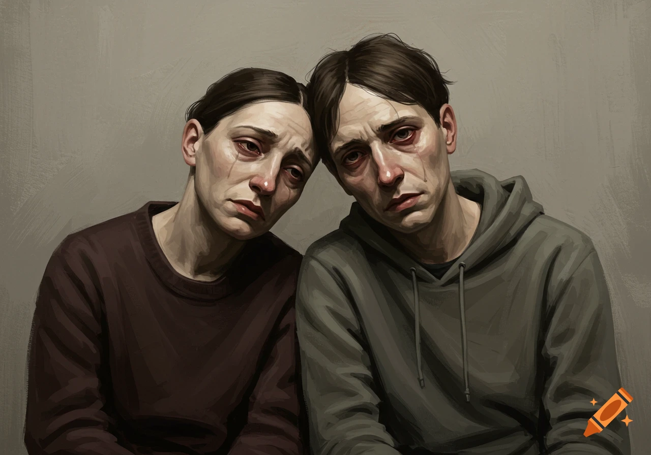 Two people, painted in muted tones, rest heads on shoulders, crying with sad, distant eyes in a melancholic style.