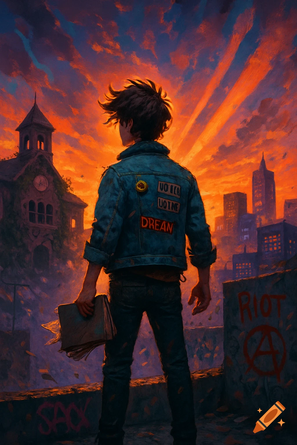 A person in a denim jacket with patches stands looking at a city and an old building under an expressive orange and red sky. Graffiti reading "RIOT" and an anarchy symbol is on a wall.