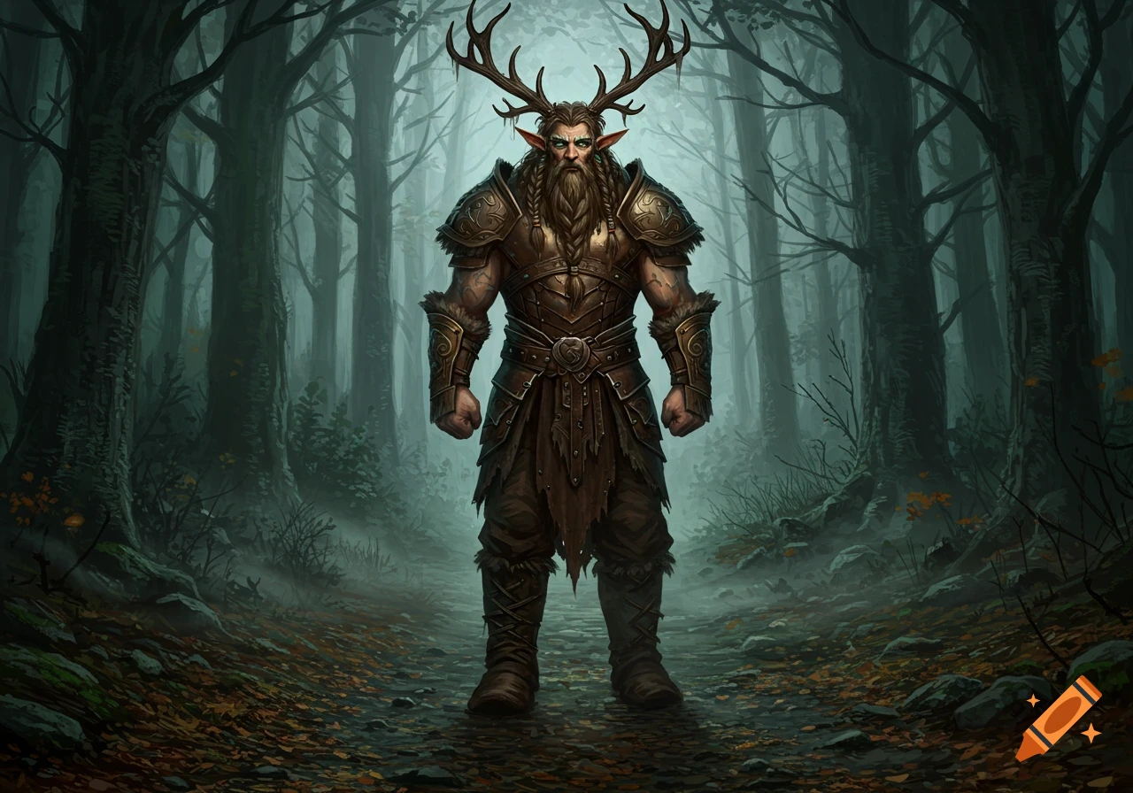 A large bearded man with stag antlers and leather armor stands on a dark, misty forest path, in a fantasy art style.
