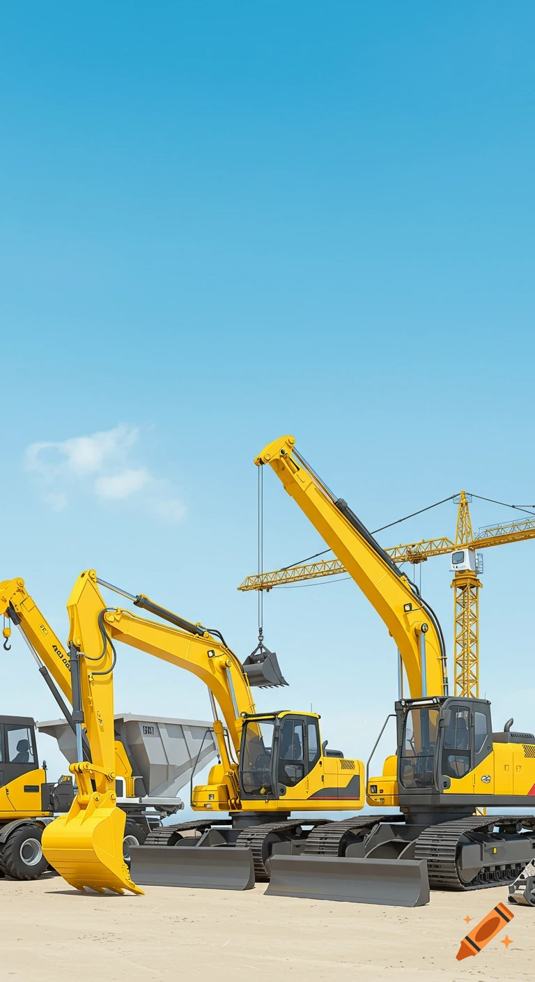 A group of yellow construction excavators and a dump truck on sand under a clear blue sky on a sunny day.