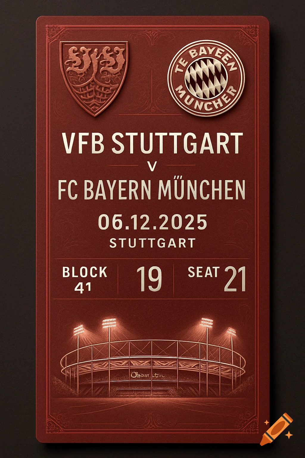 A stylized red and gold football match ticket for VFB Stuttgart vs FC Bayern München on 06.12.2025, with a stadium illustration.