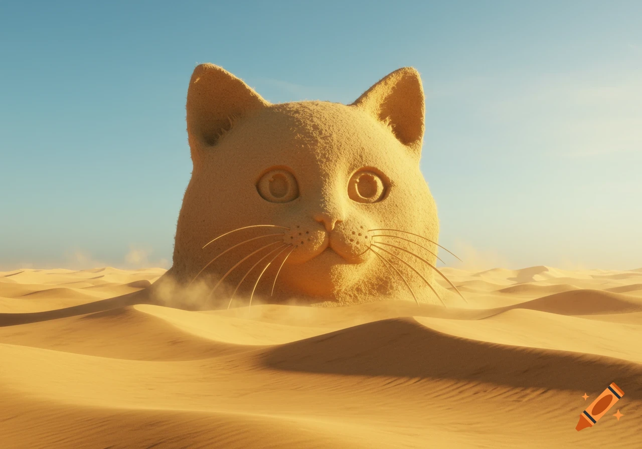 A giant, textured sand sculpture of a cat's head rises from golden sand dunes under a clear blue sky.