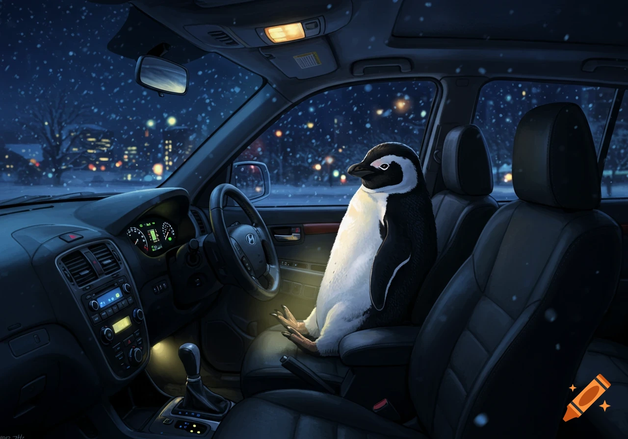 A penguin sits in the passenger seat of a car at night, snowing outside.