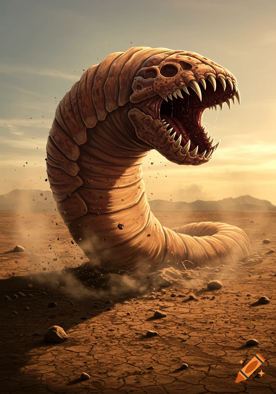 A giant, segmented worm-like creature with a skull-like head and sharp teeth emerges from a cracked desert landscape, stirring up dust under a golden sky.
