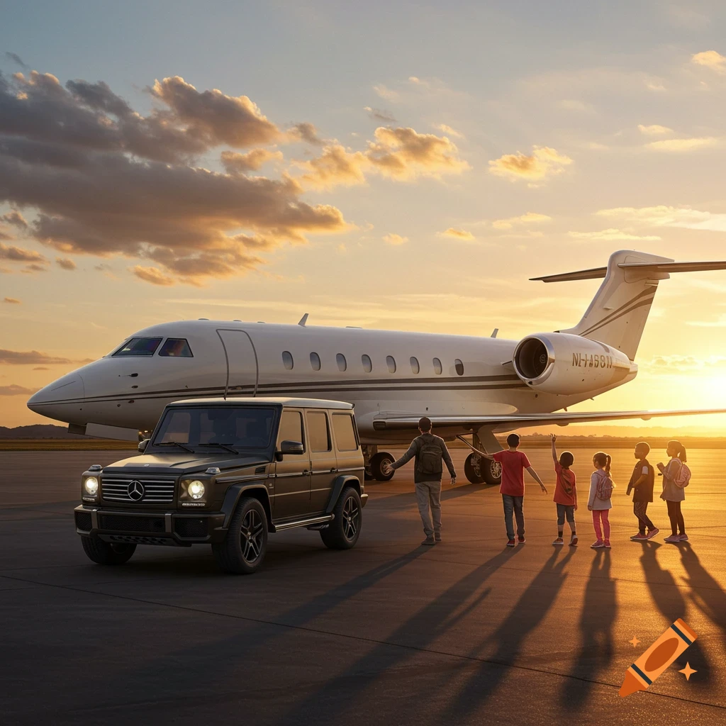 A family stands on an airport tarmac next to a private jet and a black Mercedes G-Class SUV at sunset.