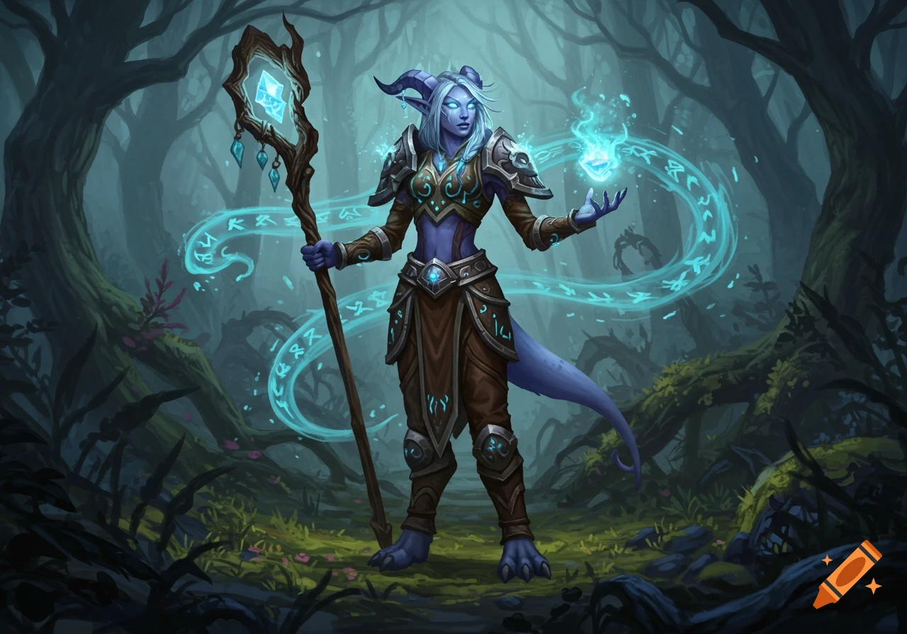 A blue-skinned female Draenei shaman in fantasy armor holds a glowing staff and casts a spell in a dark forest, digital painting.