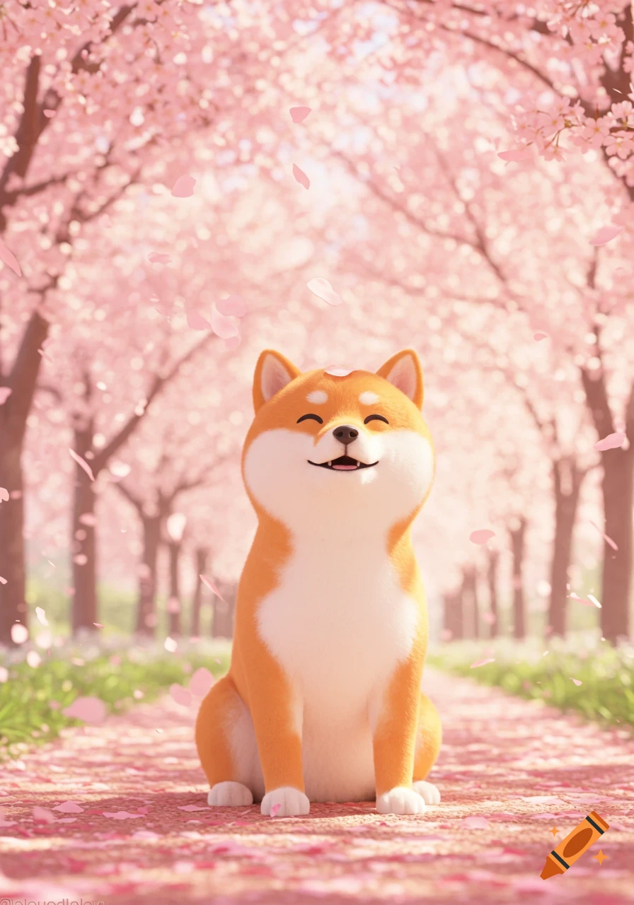 A cute 3D-style Shiba Inu puppy sits on a cherry blossom petal-covered path under pink cherry trees, smiling happily.