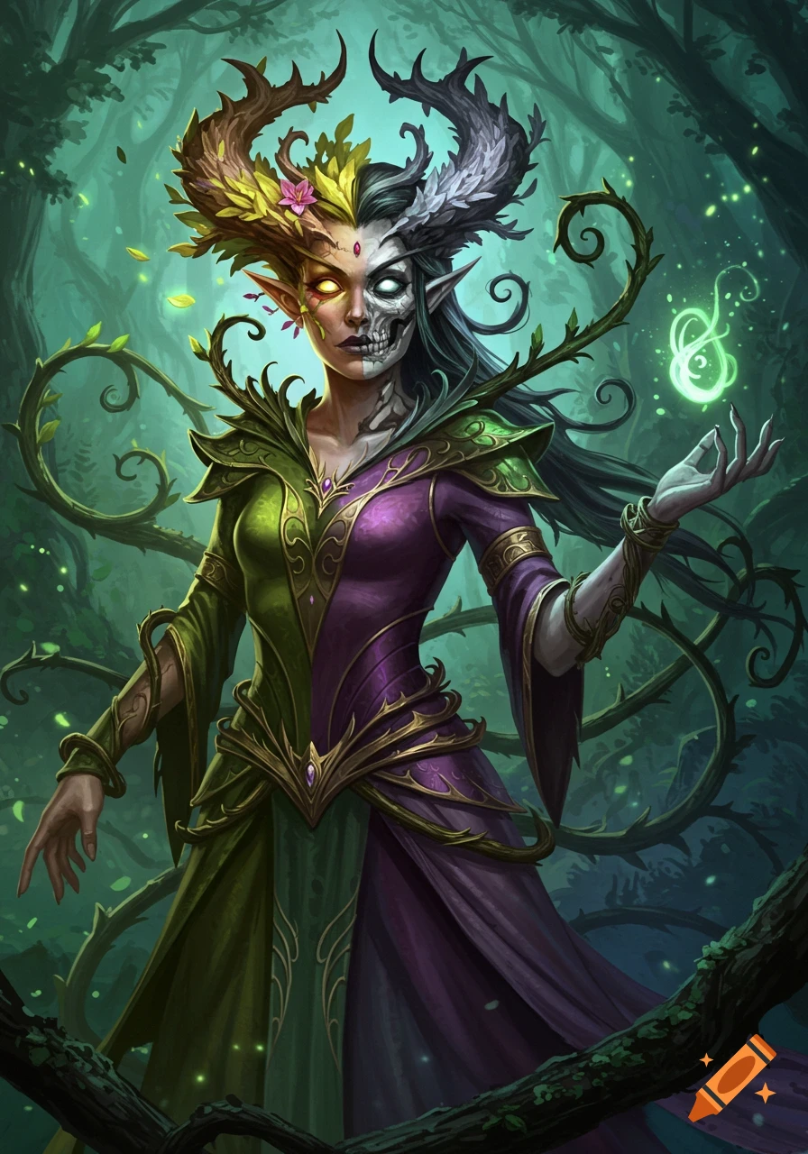 An elven goddess, half alive with a human face and half skeletal, adorned with leafy and thorny horns, wearing a green and purple gown, stands in a magical forest surrounded by spiraling vines.