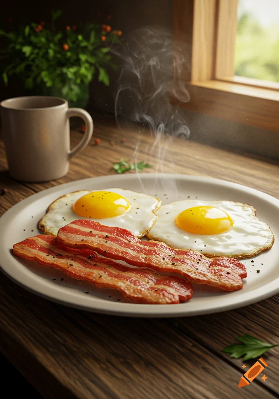 A close-up view of a plate with two sunny-side-up eggs and three strips of bacon, steaming on a rustic wooden table by a window.
