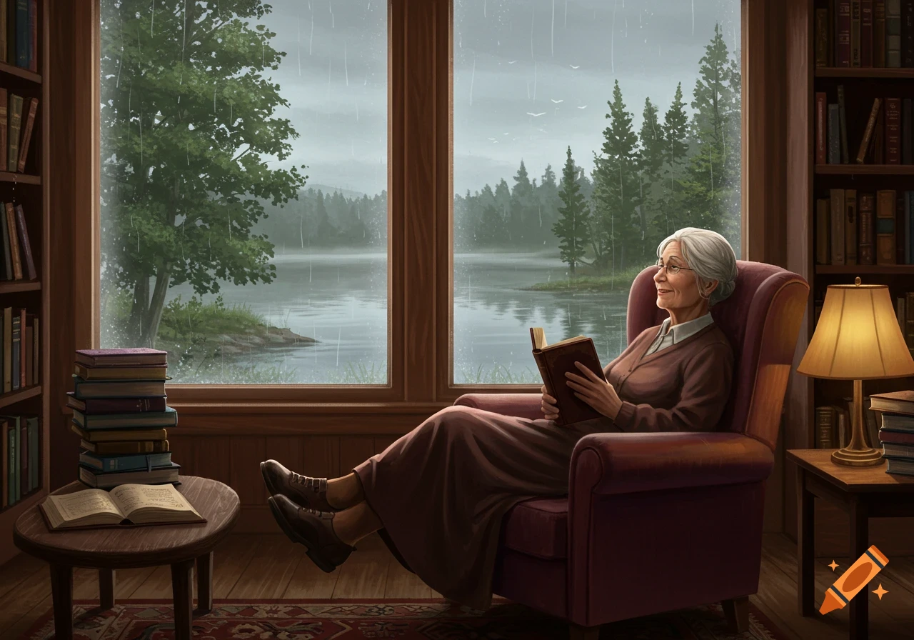 Elderly woman reads a book in an armchair by a window overlooking a rainy lake and forest, surrounded by bookshelves.