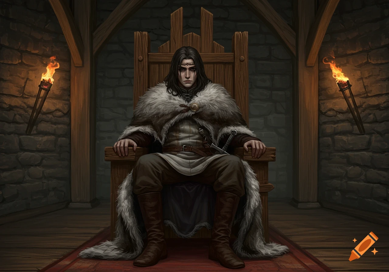 A young northern lord with long dark hair, wearing a fur cloak, sits on a wooden throne in a stone hall lit by torches.