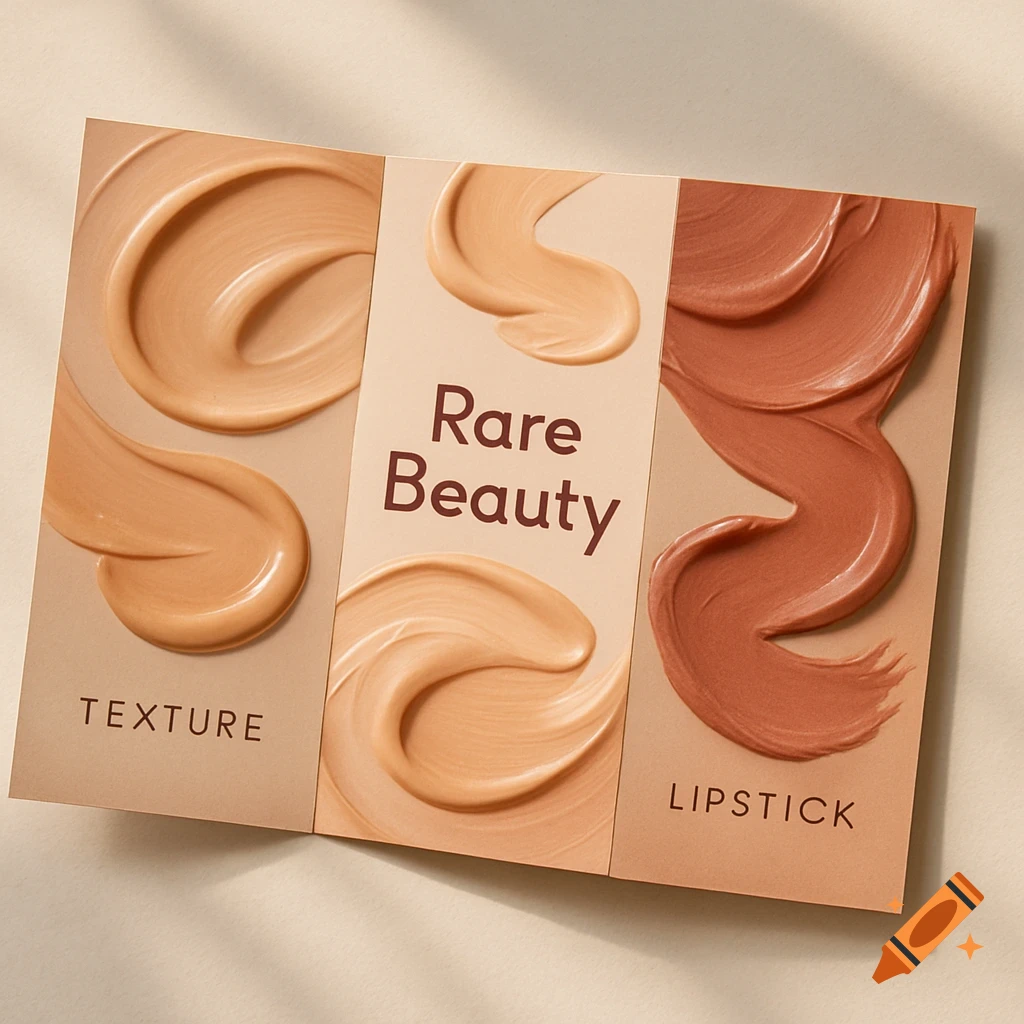A three-fold brochure for Rare Beauty cosmetics, showcasing swatches of foundation and lipstick textures in nude and rose-pink tones.