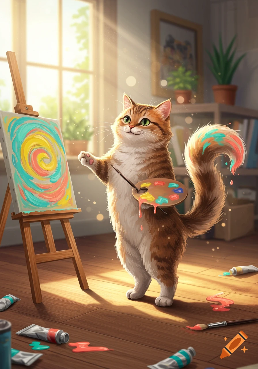 A cute, fluffy ginger and white cat stands on its hind legs, holding a paint palette and using its paint-dipped tail to create a colorful swirl painting on an easel. Sunlight streams into the room with art supplies scattered on the wooden floor.