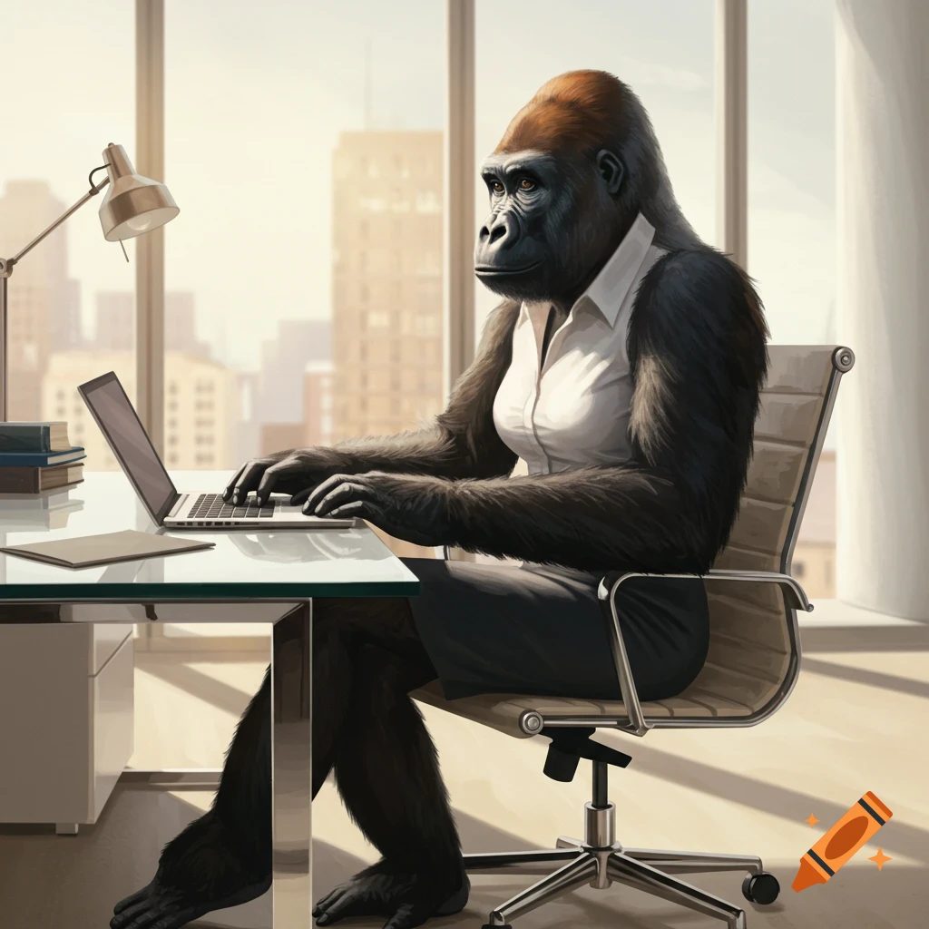 A photorealistic gorilla in a white shirt and black skirt sits at an office desk, typing on a laptop with a city view outside.