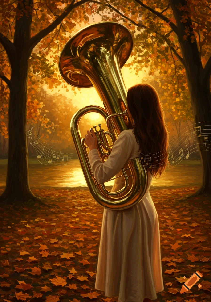 A woman with long brown hair plays a golden tuba in an autumnal forest with glowing golden light and musical notes floating.