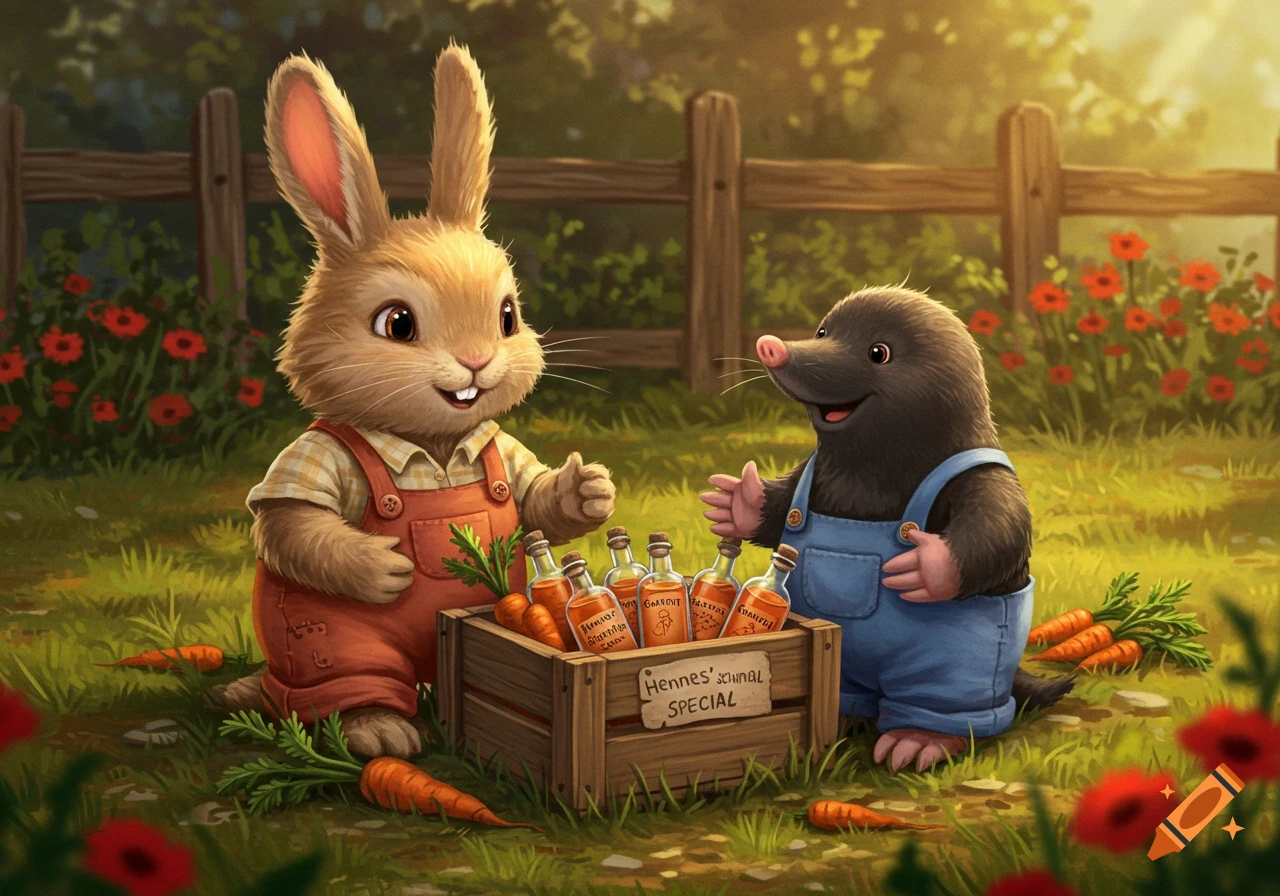 A cute anthropomorphic rabbit and mole in overalls stand by a wooden crate filled with carrots and bottles in a sunny field, children's illustration style.