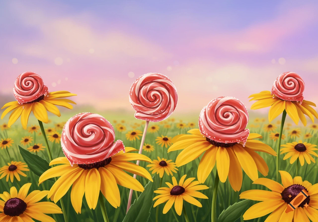 Whimsical illustration of red and white swirl lollipops on yellow black-eyed Susan flowers in a field under a pastel sky.