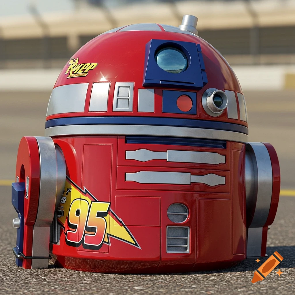 A red, silver, and blue R2-D2 head decorated like Lightning McQueen, featuring the number 95, on an asphalt surface.