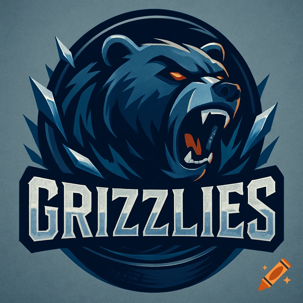 Stylized dark blue bear head roaring with orange eyes, surrounded by ice shards, above 'GRIZZLIES' text, in a sports logo.