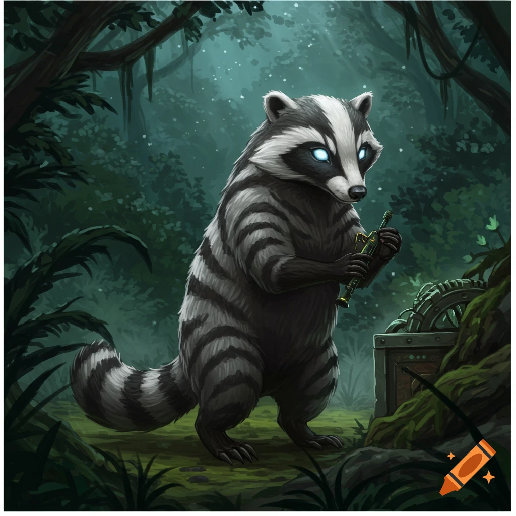 A fantasy raccoon-badger creature called a Skarnkit with glowing blue eyes stands in a dark forest, holding a golden device.