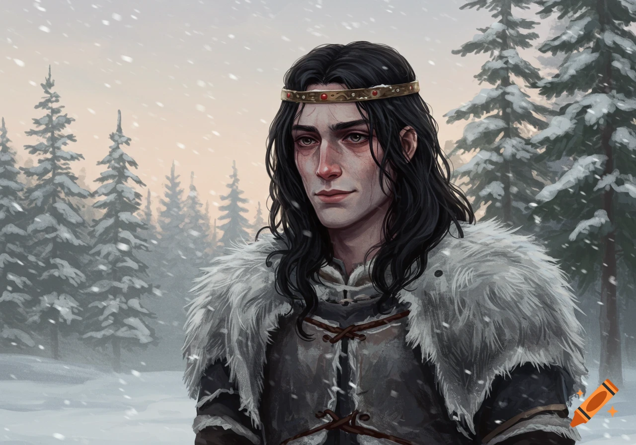A dark-haired man with a simple crown and fur clothes in a snowy forest, looking tired and care-worn.