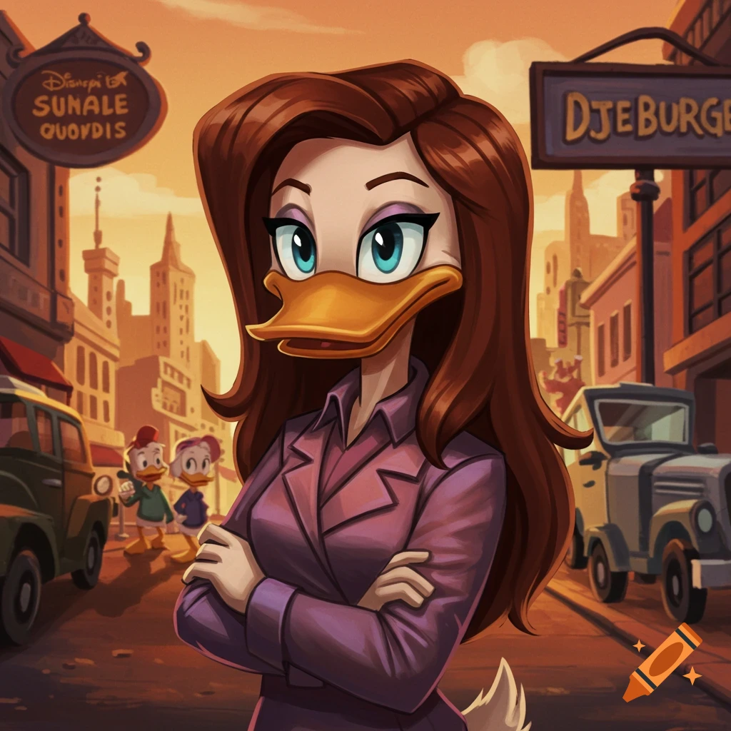 A brown-haired duck-woman in a purple jacket stands with crossed arms in a stylized city street at sunset, with two smaller ducks in the background.