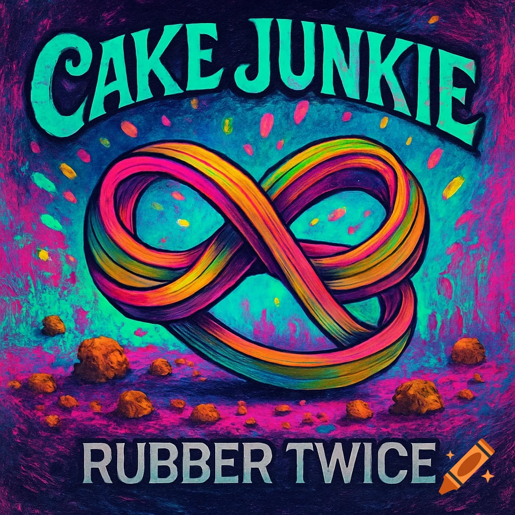 A psychedelic album cover with a colorful infinity-like loop, 'CAKE JUNKIE' at the top, and 'RUBBER TWICE' at the bottom.
