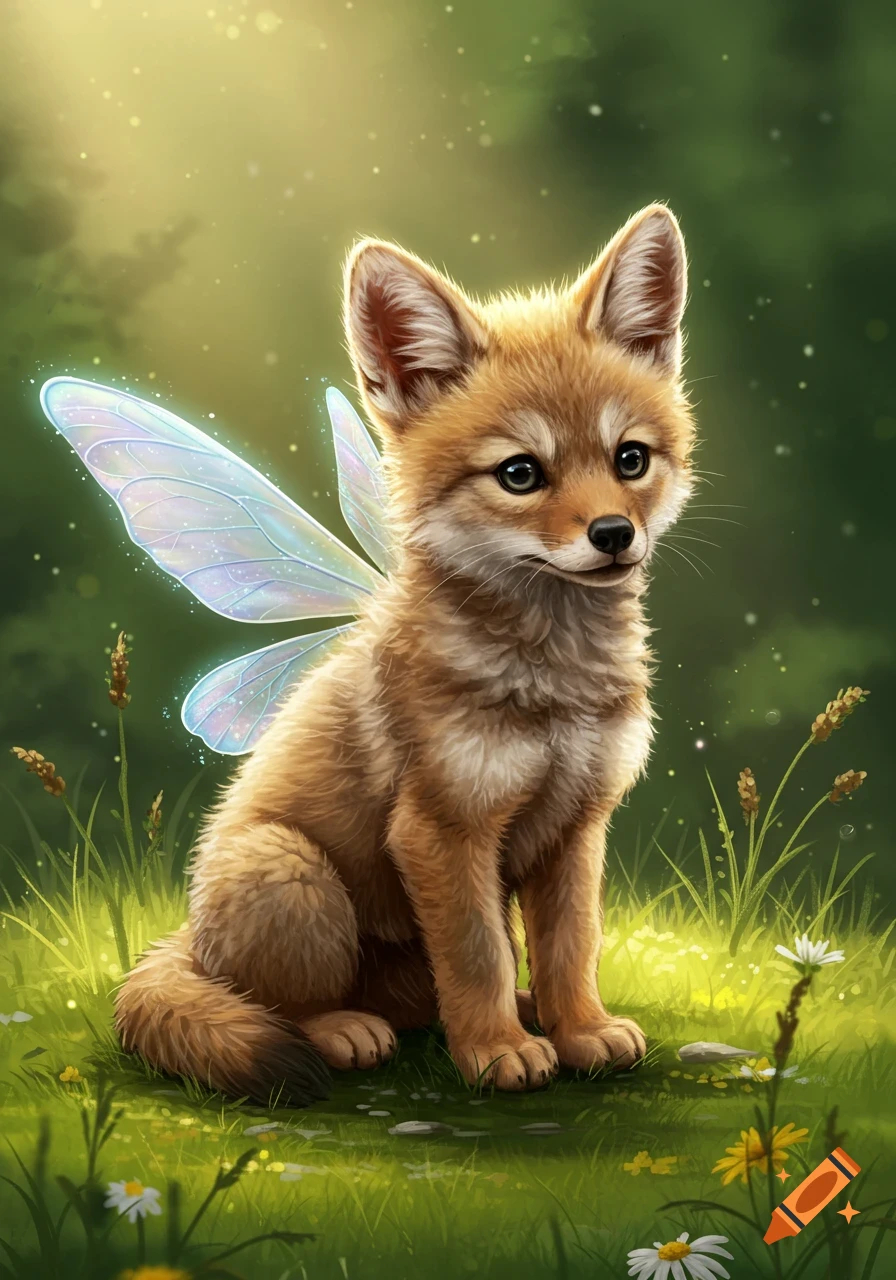 A cute baby coyote with sparkling blue fairy wings sits upright in a sunlit grassy field among wildflowers.