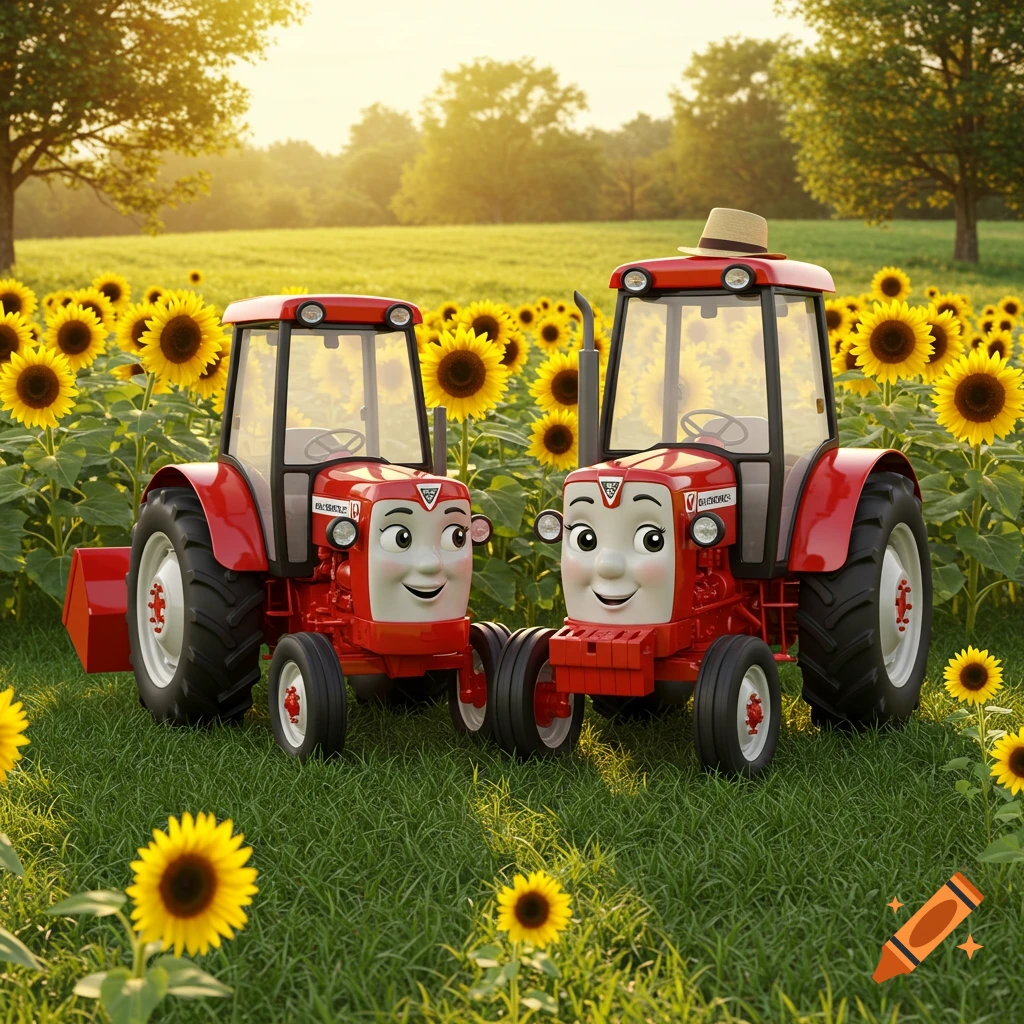 Two smiling red cartoon tractors, one larger and one smaller, stand in a sunny field of sunflowers and green grass.