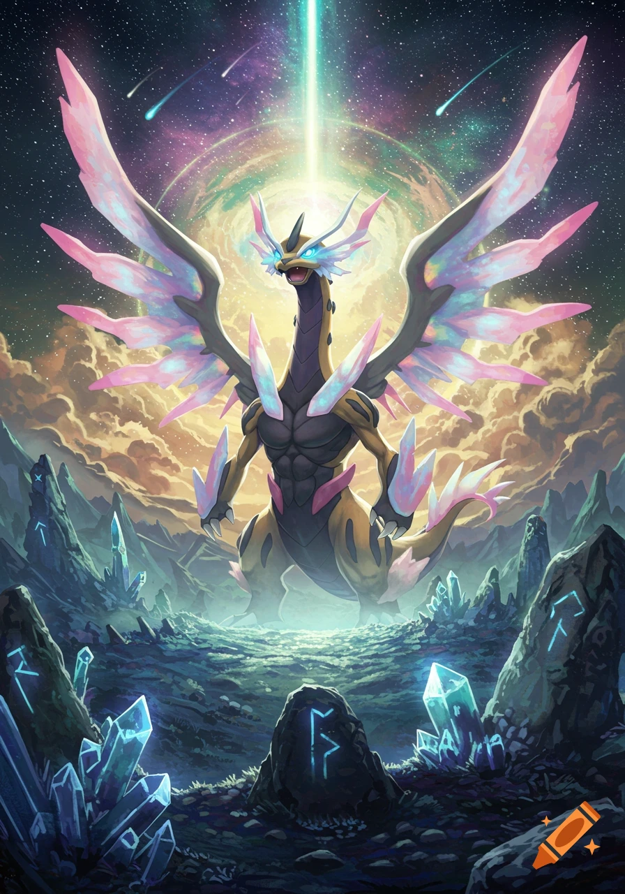 A majestic, winged dragon-like creature with pink and blue crystal wings stands on a crystal landscape, bathed in a cosmic glow.