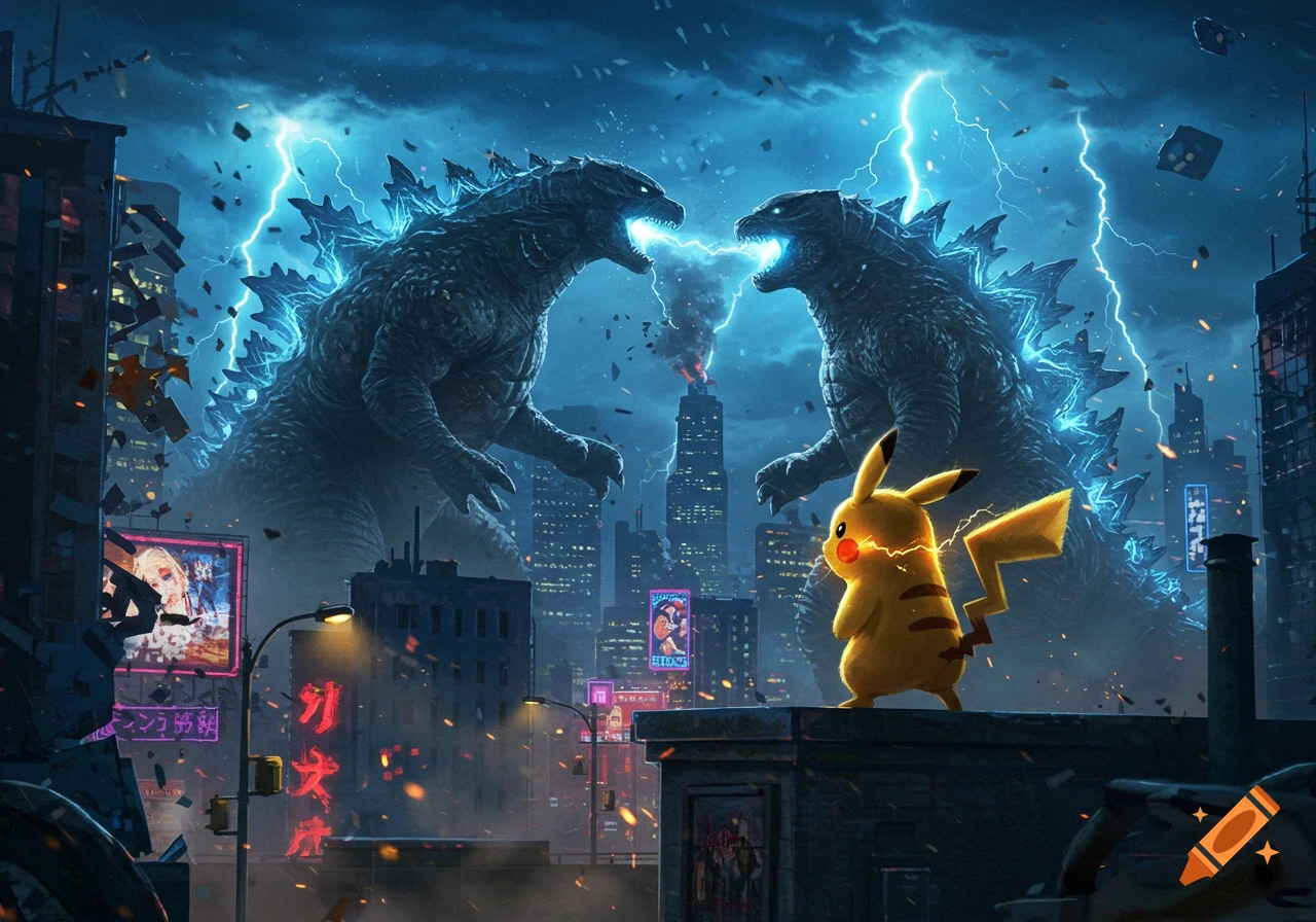 Two giant Godzillas battle in a city under a lightning-filled sky, with Pikachu standing on a rooftop in the foreground.