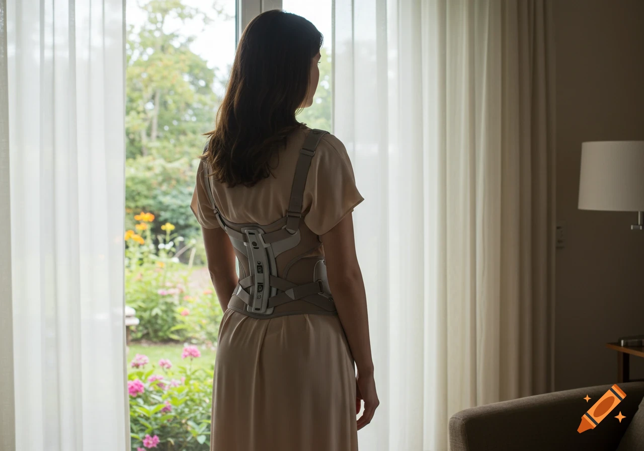 Woman in a beige dress wearing a back brace, seen from behind, looking out a window into a green garden.