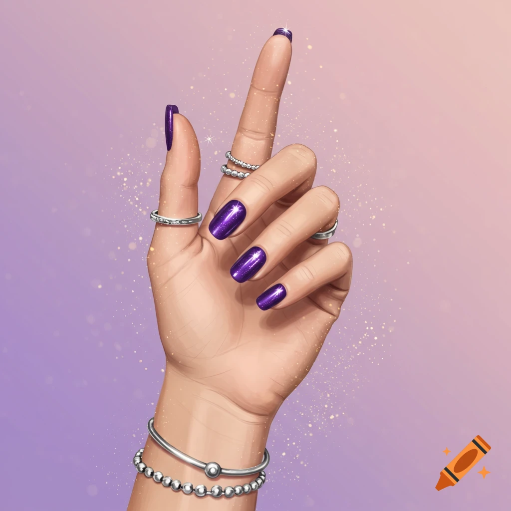 Illustration of a hand with shiny purple nail polish, silver rings, and bracelets, on a purple background with sparkles.