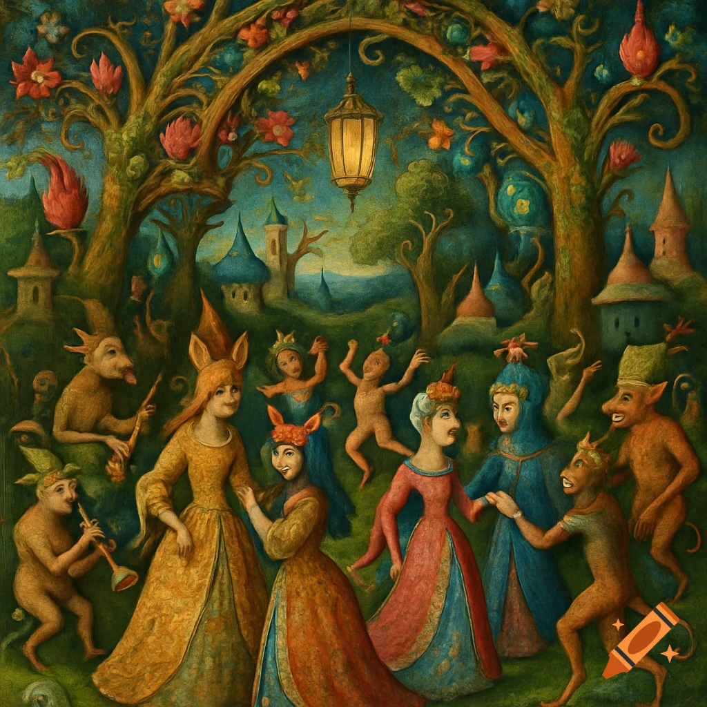 A whimsical, Hieronymus Bosch-style painting of fantastical figures and creatures celebrating in a surreal forest under a glowing lantern.