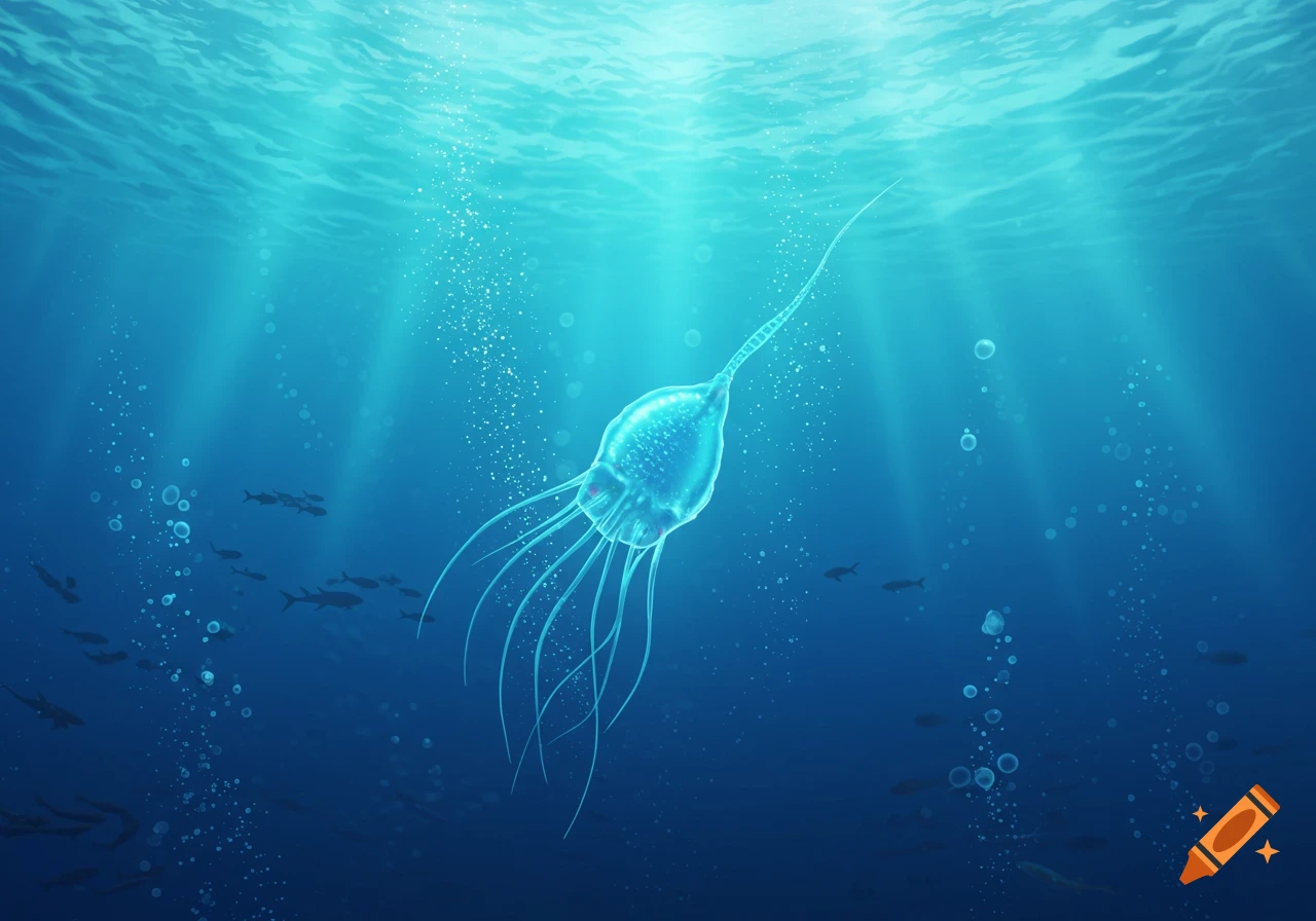 Strange jellyfish-like creatures in a dark prehistoric deep sea  environment. on Craiyon, image size:1280x896