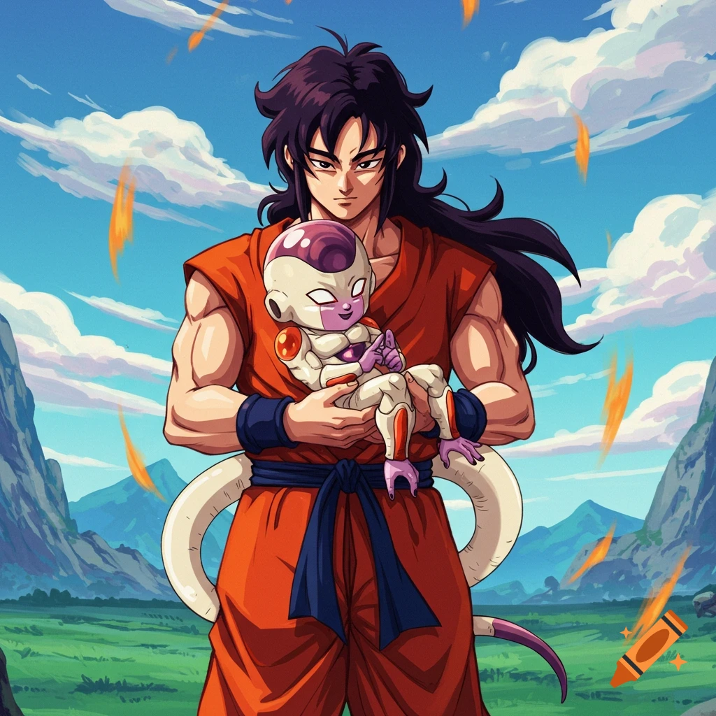 Anime illustration of a long-haired Yamcha in an orange gi holding a baby Frieza in a green field under a blue sky.