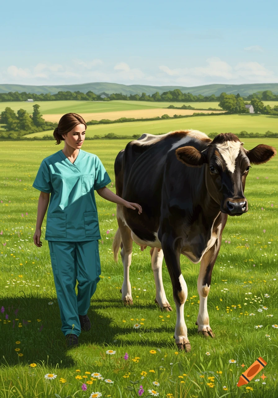 A woman in teal scrubs gently touches a brown and white cow as they walk through a sunny green field with wildflowers and rolling hills.